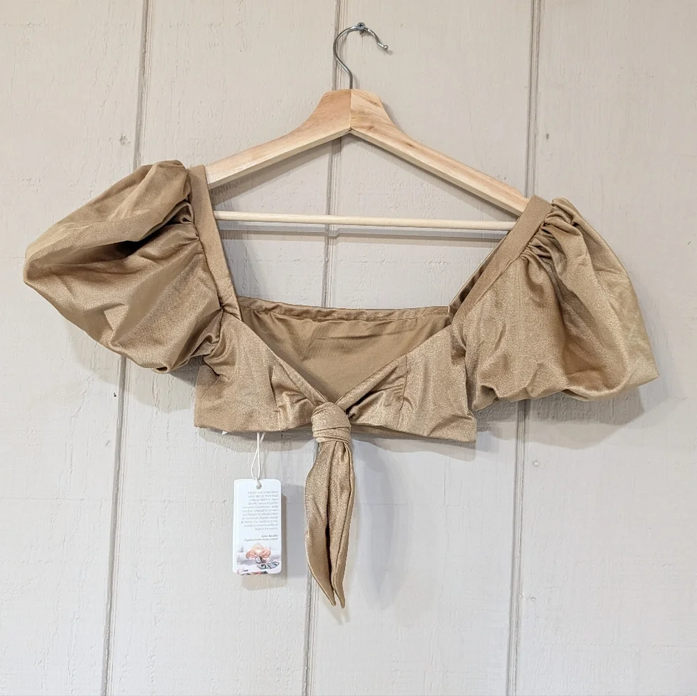 Agua‎ Bendita Free People Calista Puff Sleeve Bikini Top Gold NWT